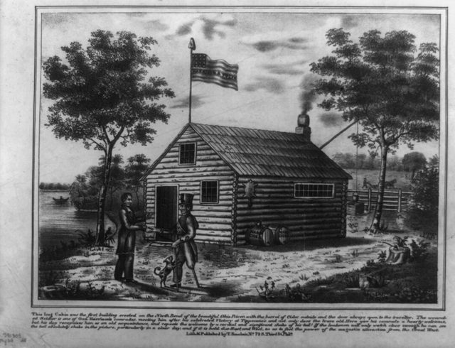 'This log cabin was the first building erected on the North Bend', Whig print by T. Sinclair, 1840