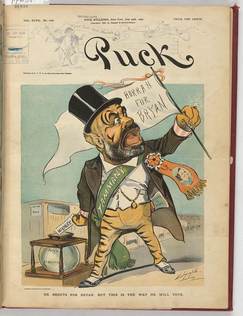 Puck cover of a man in a Tammany sash waving a Hurrah for Bryan flag while dropping a McKinley ballot