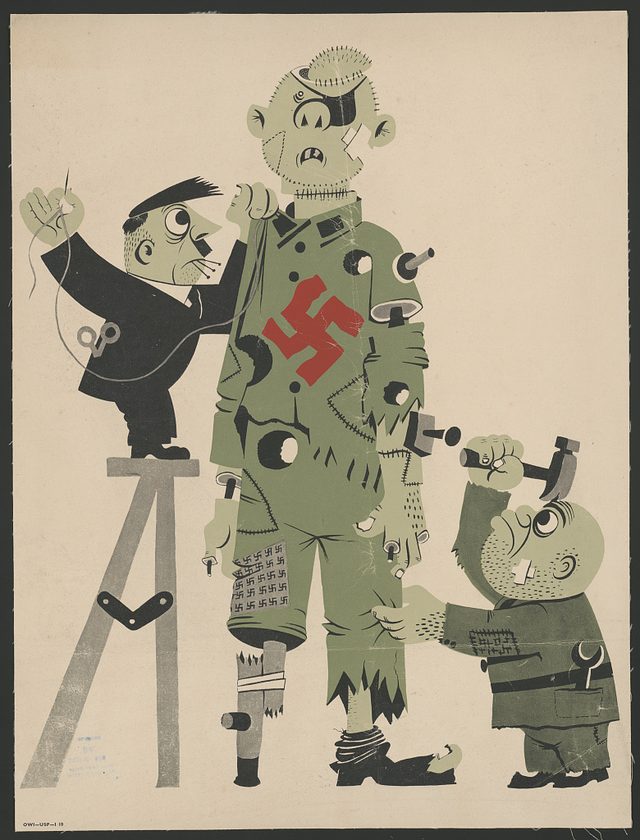 Small Figures Assembling a Swastika-Marked Mechanical Giant (untitled)
