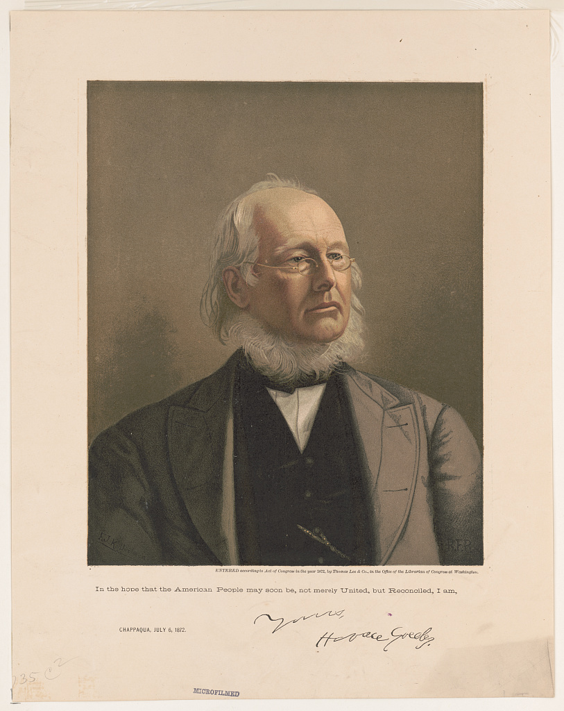 Chromolithograph portrait of Horace Greeley with a printed line dated Chappaqua, 6 July 1872