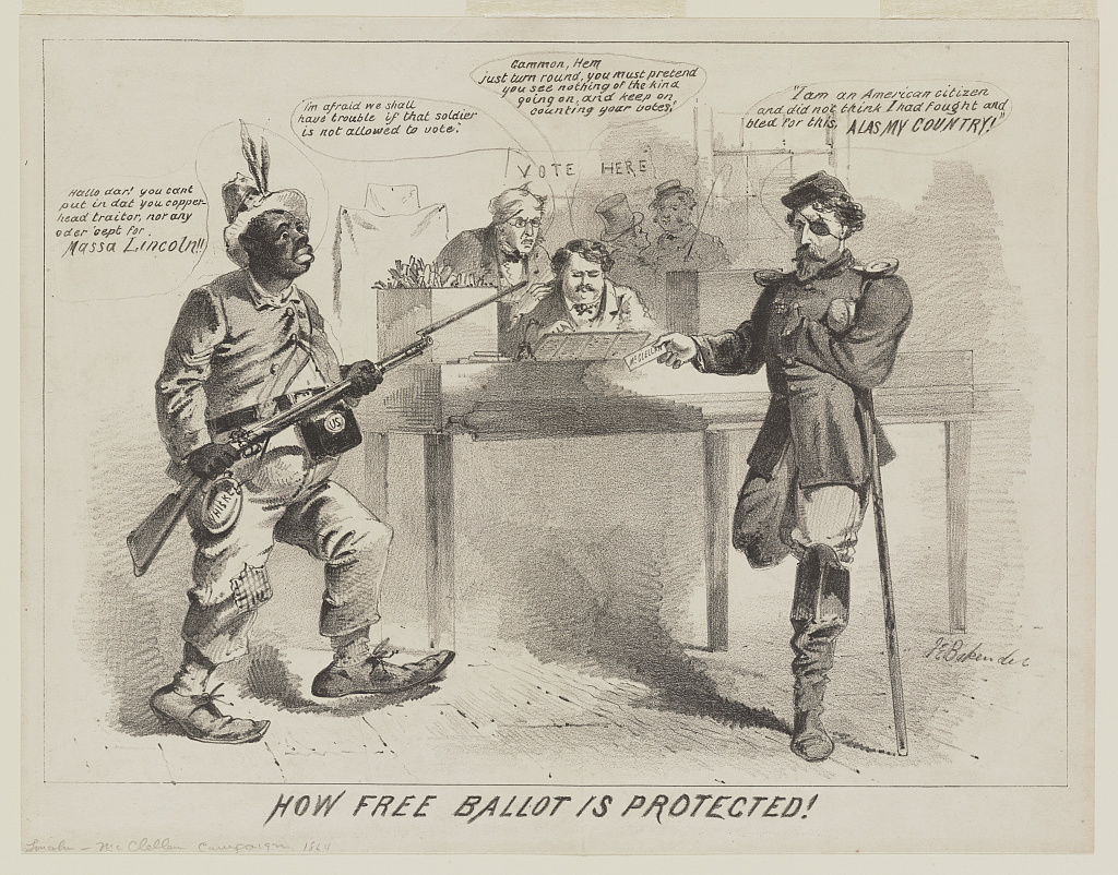 Lithograph of a Black soldier barring a wounded white veteran from a ballot box
