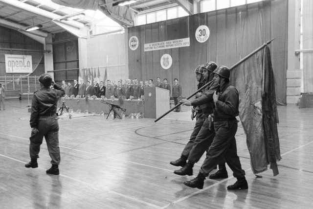 Workers' Militia unit assembly, Cegléd: "A szocialista haza védelme pártunk, államunk, népünk közös ügye"