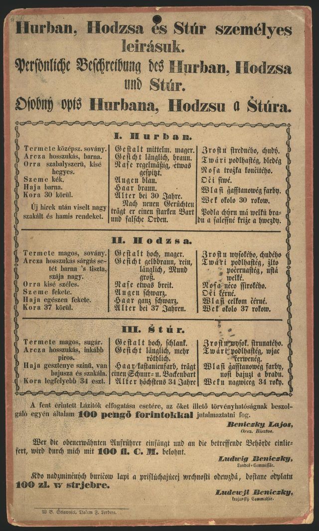 Hurban, Hodzsa es Stur szemelyes leirasuk (wanted notice for the Slovak uprising leaders, Hungarian, German and Slovak)