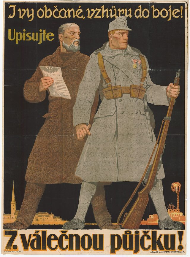 I vy občané, vzhůru do boje! Upisujte 7. válečnou půjčku! (You too, citizens, on to the fight! Subscribe to the 7th War Loan!)