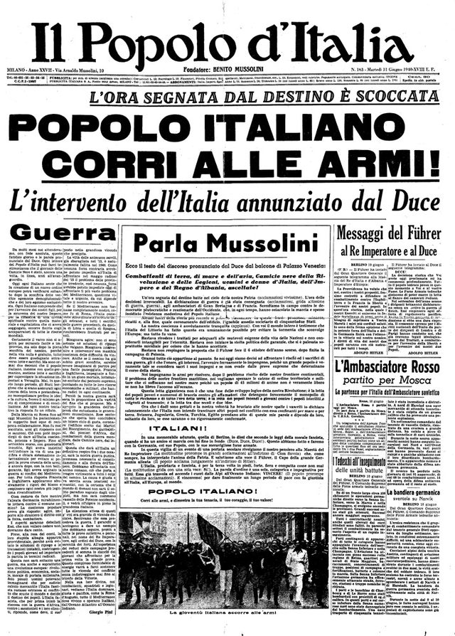 Il Popolo d'Italia, 11 June 1940: 'Popolo italiano corri alle armi!' (front page)