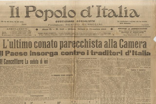 Il Popolo d'Italia, N. 343, front page, upper half (Milan, 11 December 1915): "L'ultimo conato parecchista alla Camera"