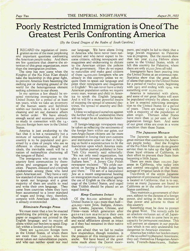 The Imperial Night-Hawk, 29 August 1923, page 2: 'Poorly Restricted Immigration is One of The Greatest Perils Confronting America'