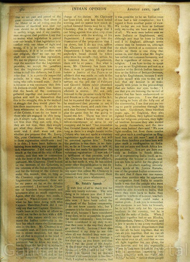 Indian Opinion, page 382, article: speeches at the burning of registration certificates (Phoenix, Natal, 22 August 1908)