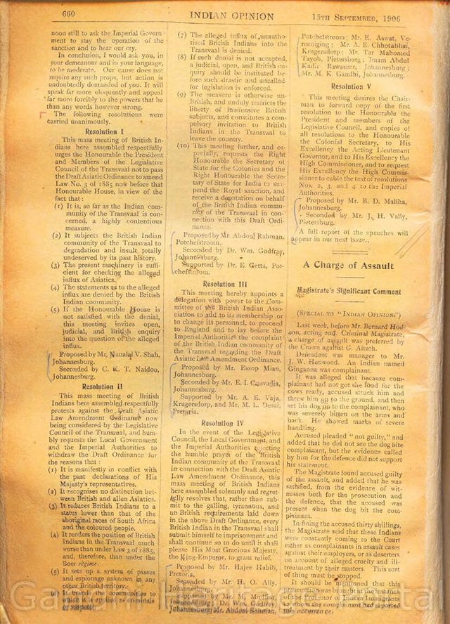 Indian Opinion (Phoenix, Natal), page 660: Empire Theatre resolutions against the Draft Asiatic Ordinance, 15 September 1906