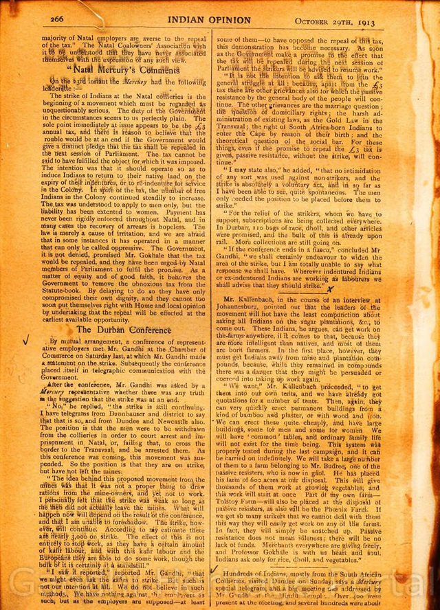 Indian Opinion (Phoenix, Natal), page 266: 'Natal Mercury's Comments' and 'The Durban Conference' during the coal-mine strike, 29 October 1913