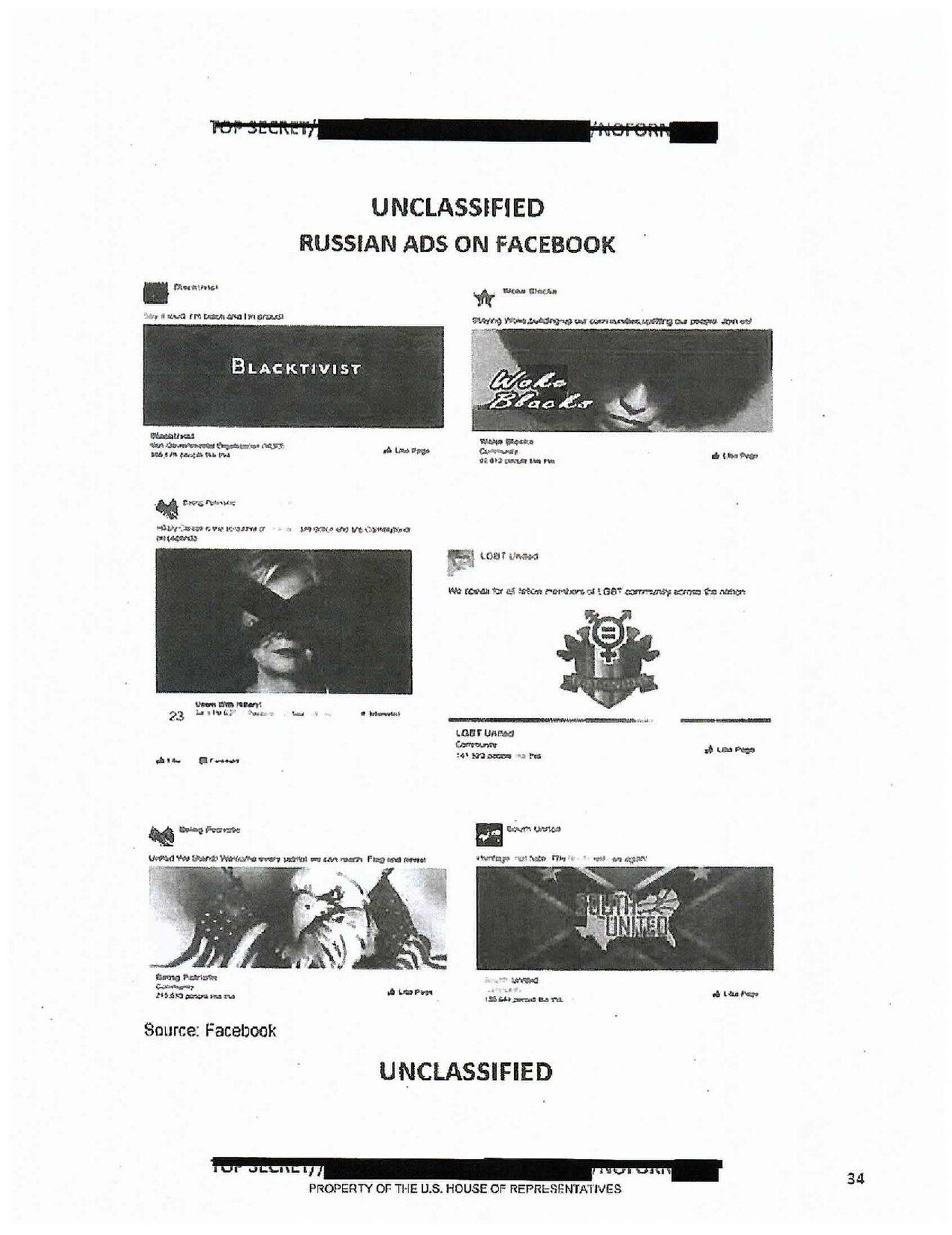 A page of the House Intelligence Committee report reproducing Facebook pages run by the Internet Research Agency