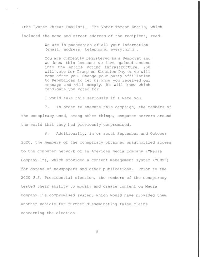 'You will vote for Trump on Election Day or we will come after you' (Iranian 'Voter Threat Emails', DOJ indictment page)