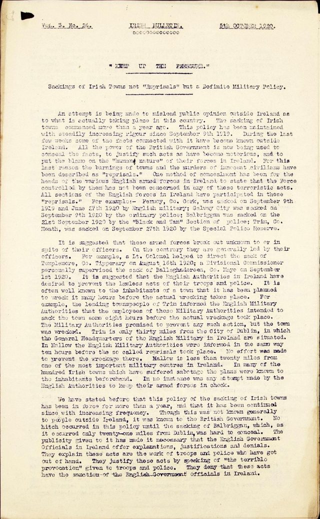 Irish Bulletin, Vol. 3 No. 24, 5 October 1920: 'Keep Up the Pressure'