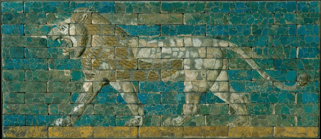 Glazed-brick panel with a striding lion, from Babylon (reign of Nebuchadnezzar II)