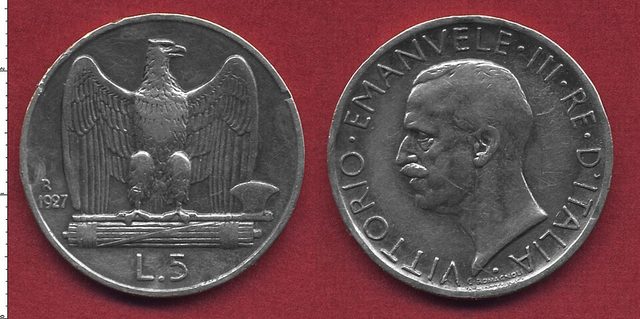 Kingdom of Italy 5 lire coin, 1927: eagle on the fasces (Romagnoli design)