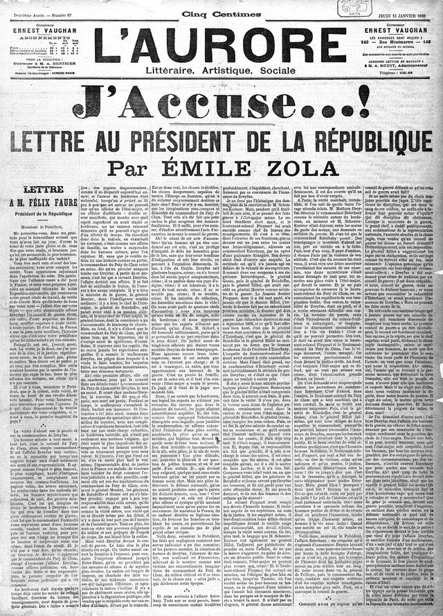 J'Accuse...! Lettre au Président de la République (J'Accuse...! Letter to the President of the Republic), L'Aurore, 13 January 1898