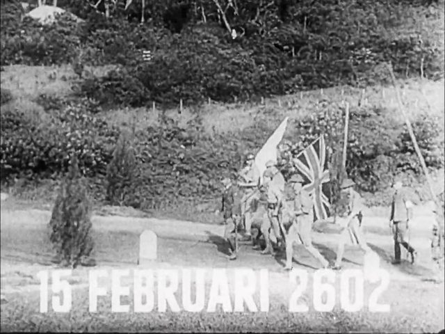 Nippon Eigasha Djawa newsreel "Japan conquers South-East Asia", date card "15 FEBRUARI 2602"