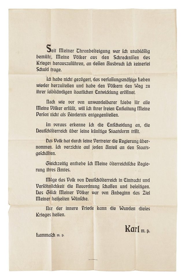 Kaiser Karl I, proclamation renouncing any share in state affairs, 11 November 1918