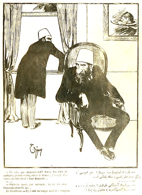 Kalem cartoon of Abdulhamid II and his secretary ("Il y a mis du temps, mais il a compris")