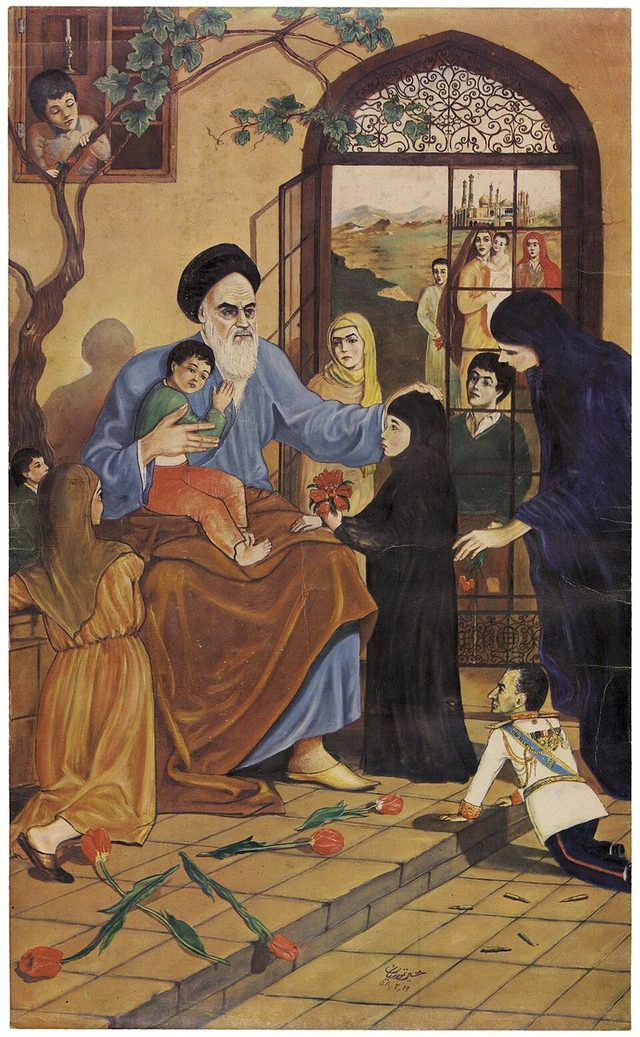 Khomeini among widows and orphans, with the fallen Shah at his feet: poster signed Norouzian, May 1979