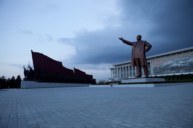 Kim Il-sung statue and Mansudae Grand Monument, Pyongyang (photographed 2010)