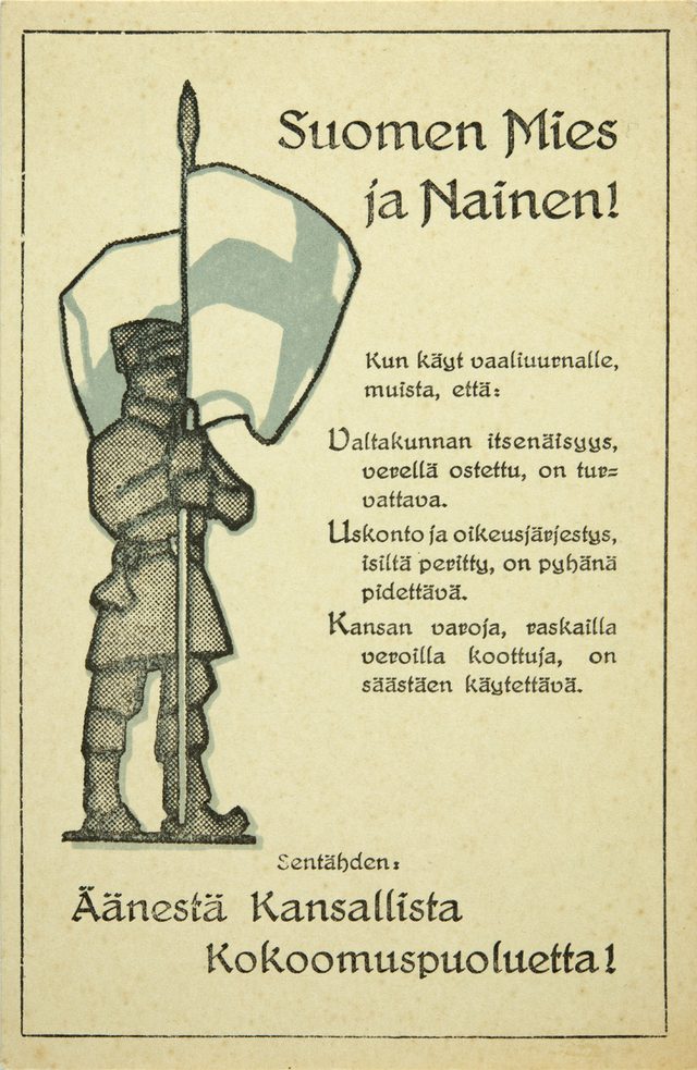 Suomen Mies ja Nainen! Äänestä Kansallista Kokoomuspuoluetta! (political postcard of the National Coalition Party)
