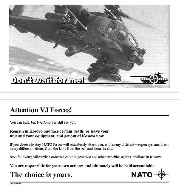 English-language "Don't wait for me!" leaflet, Operation Allied Force, 1999