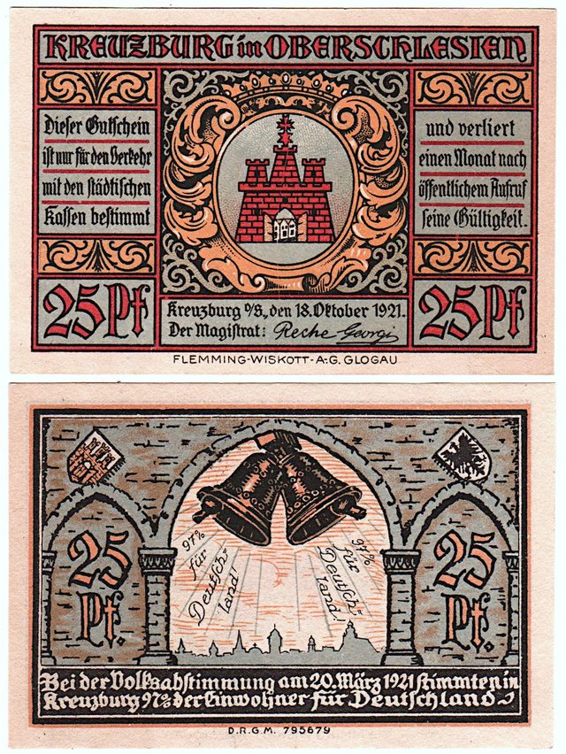 Kreuzburg O.S. 25-pfennig note: "97% für Deutschland!" (Upper Silesia, 1921)