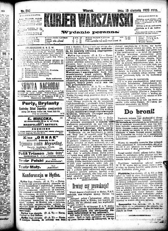 Kurjer Warszawski, no. 220, morning edition, front page (Warsaw, 10 August 1920): "Konferencja w Hythe" and "Do broni!"
