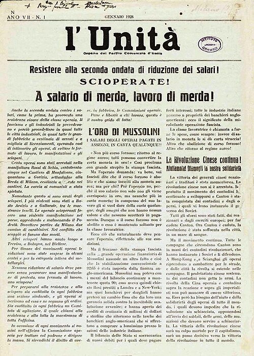 l'Unità, January 1928: 'Resistere alla seconda ondata di riduzione dei salari! SCIOPERATE!' (front page)