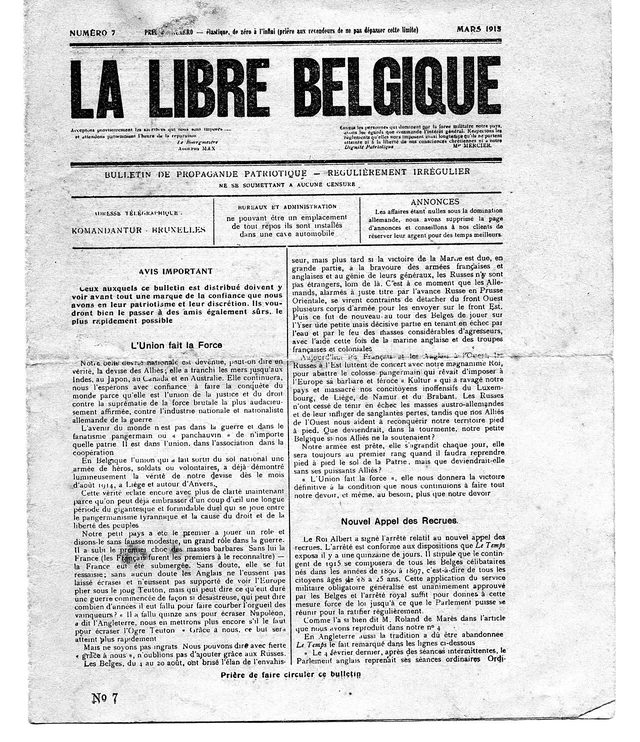La Libre Belgique, no. 7, front page (clandestine, Brussels, March 1915): "Bulletin de propagande patriotique"