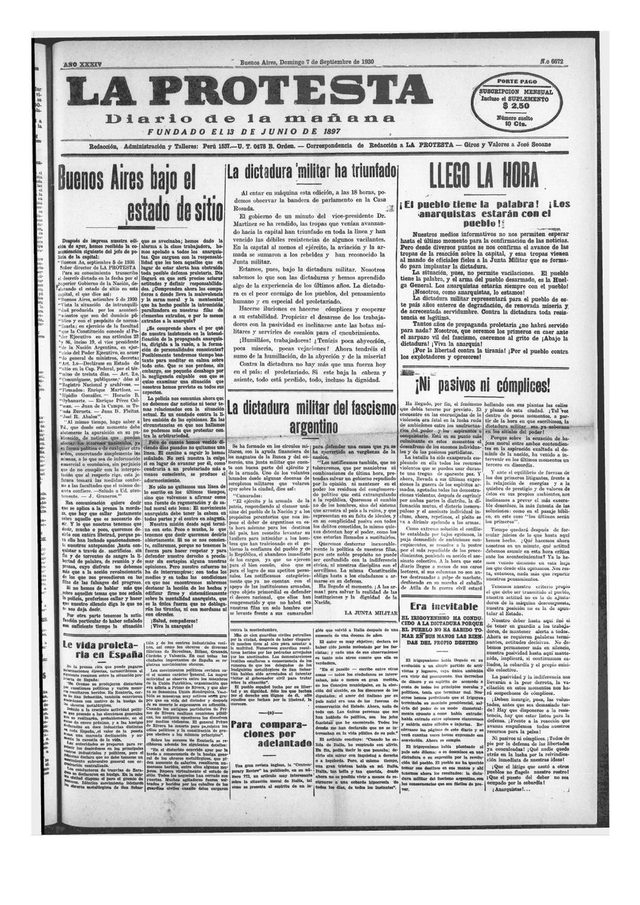 La Protesta, daily, front page (Buenos Aires, 7 September 1930): 'Llegó la hora' (The Hour Has Come)