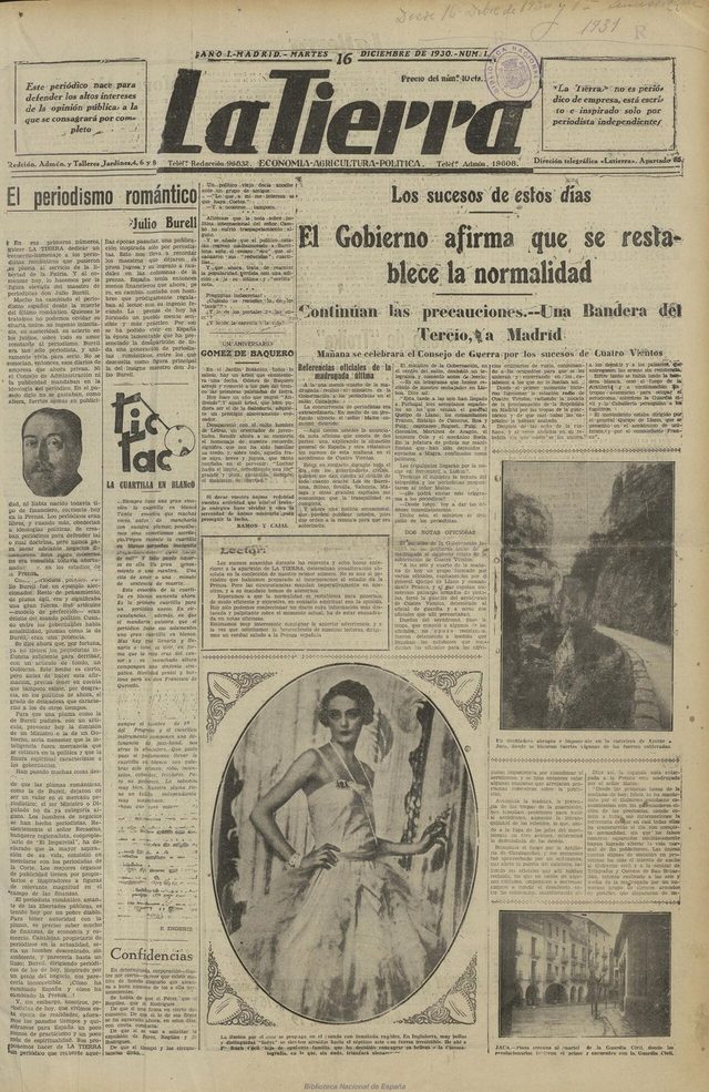 La Tierra, no. 1, 16 December 1930: "El Gobierno afirma que se restablece la normalidad"