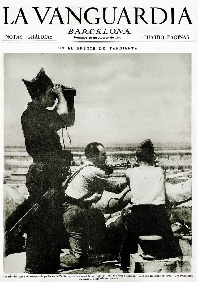 La Vanguardia, Sunday edition, front page (Barcelona, 16 August 1936): "En el frente de Tardienta"
