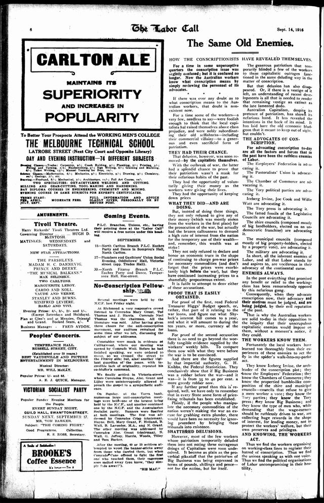 The Labor Call (Melbourne), 'The Same Old Enemies', page 6, 14 September 1916