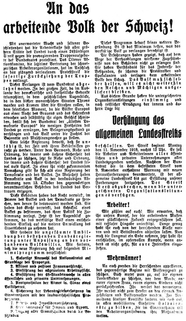 An das arbeitende Volk der Schweiz! Aufruf zum Landesstreik (To the working people of Switzerland! Call for the general strike), 11 November 1918