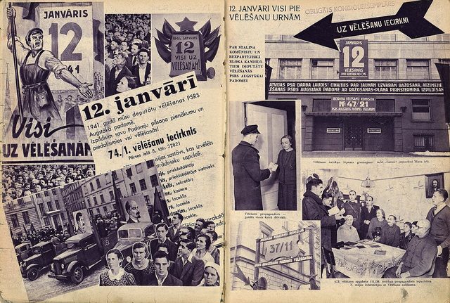 12. janvārī visi pie vēlēšanu urnām (On 12 January, everyone to the ballot boxes), Riga magazine spread on the USSR Supreme Soviet election, 1941