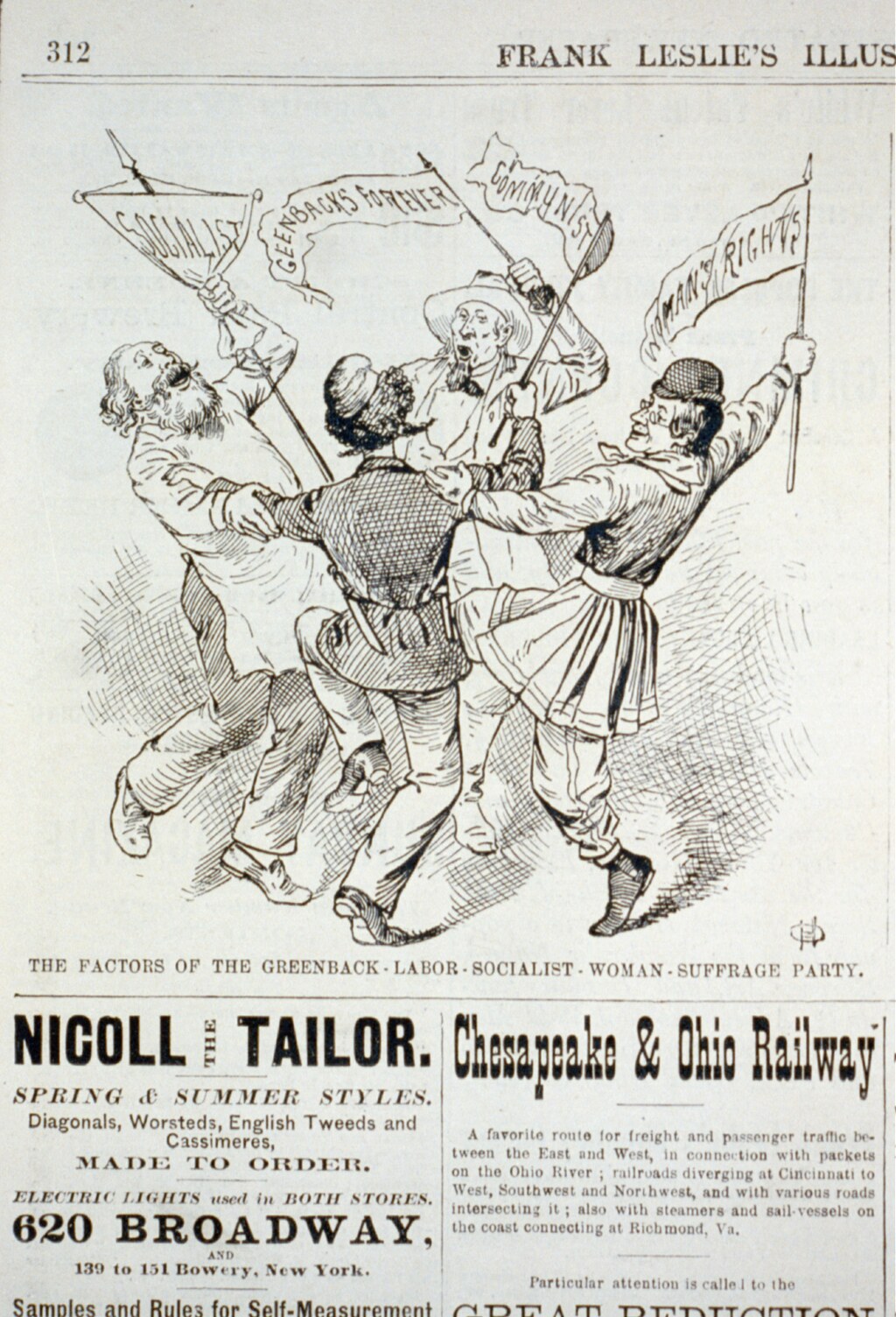 Frank Leslie's cartoon of four men dancing with banners Socialist, Greenbacks Forever, Communist and Woman's Rights