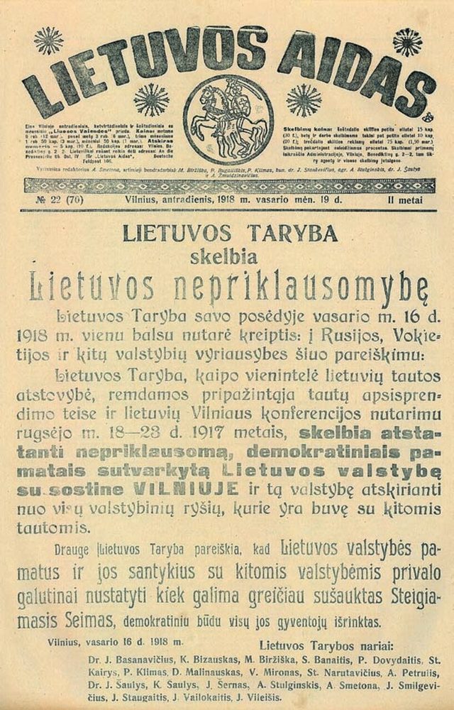 Lietuvos aidas, No. 22, front page (Vilnius, 19 February 1918): "Lietuvos Taryba skelbia Lietuvos nepriklausomybę" (The Council of Lithuania Proclaims the Independence of Lithuania)