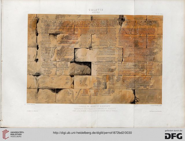 Colour lithograph of the Latin text of the Res Gestae Divi Augusti on the wall of the temple of Roma and Augustus at Ancyra, with the heading in large letters (Perrot, Guillaume and Delbet, 1872)