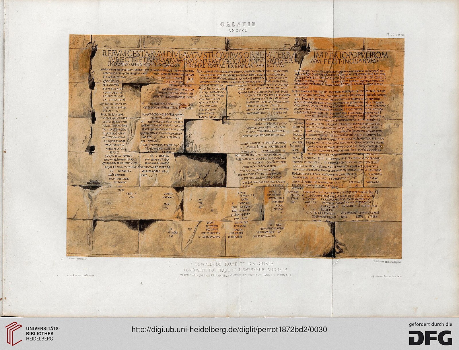 Colour lithograph of the Latin text of the Res Gestae Divi Augusti on the wall of the temple of Roma and Augustus at Ancyra, with the heading in large letters (Perrot, Guillaume and Delbet, 1872)