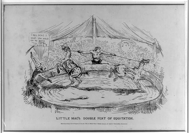 Lithograph of McClellan straddling two horses in a circus ring