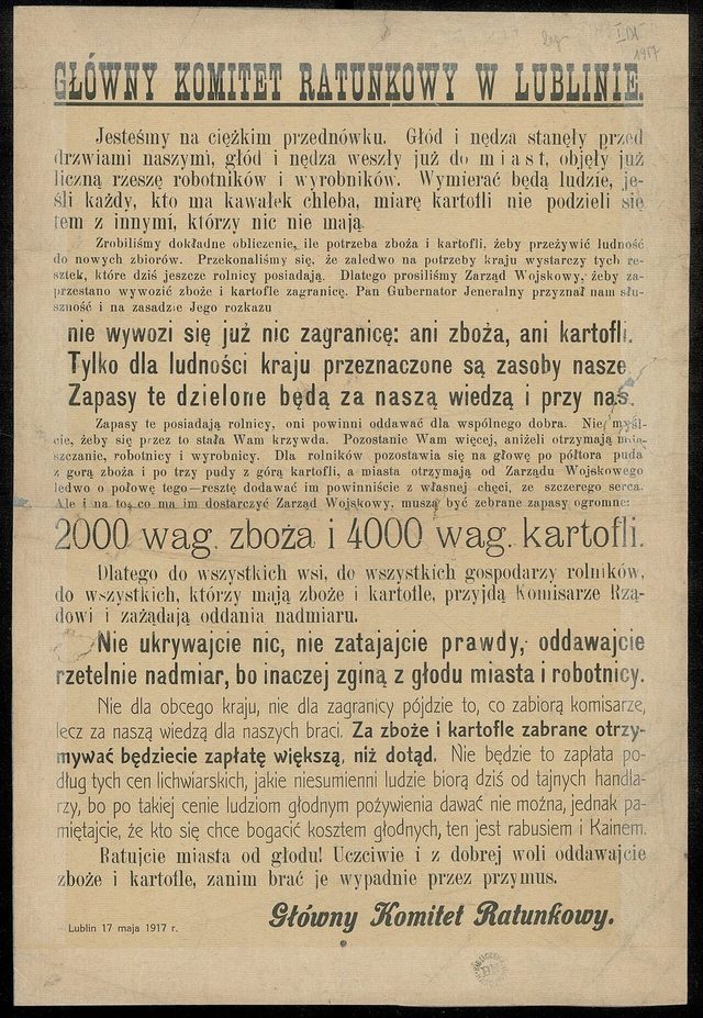 Główny Komitet Ratunkowy w Lublinie, appeal to hand over surplus grain and potatoes, 17 May 1917