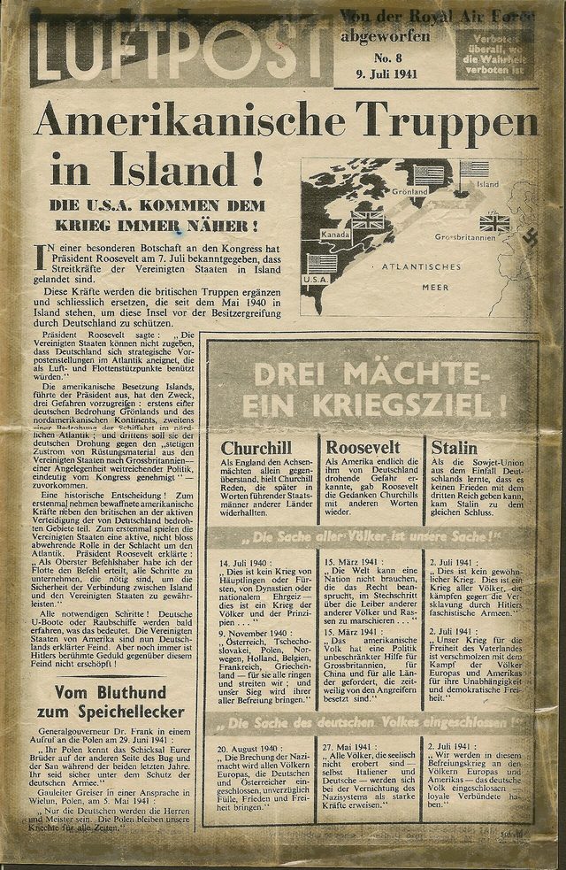 Luftpost No. 8, 9 July 1941: "Amerikanische Truppen in Island!" and "Drei Mächte - ein Kriegsziel!"