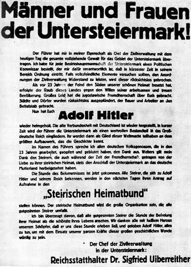 Männer und Frauen der Untersteiermark! (leaflet for enrolment in the Styrian Homeland League)