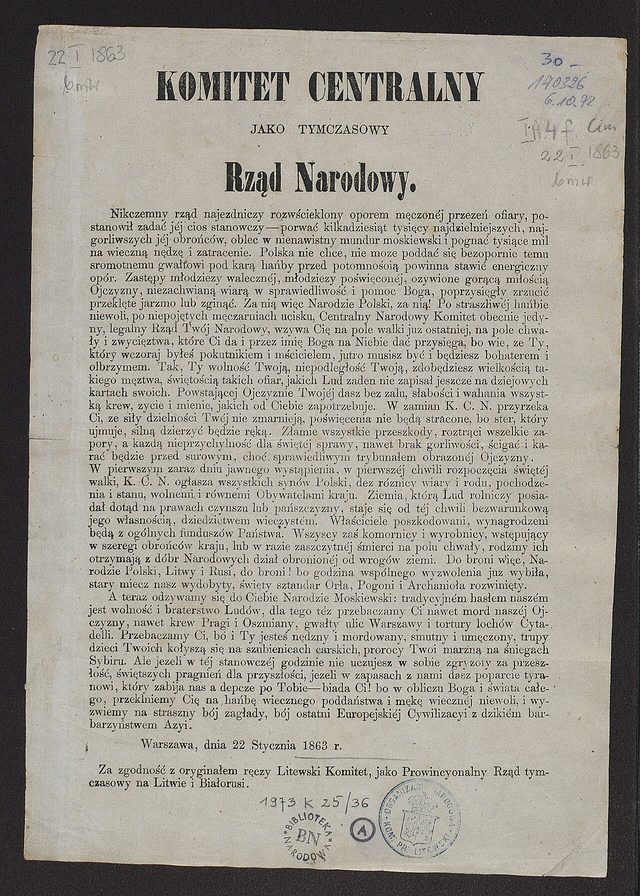 Komitet Centralny jako Tymczasowy Rząd Narodowy: Manifest (Central Committee as Provisional National Government: Manifesto of 22 January 1863)