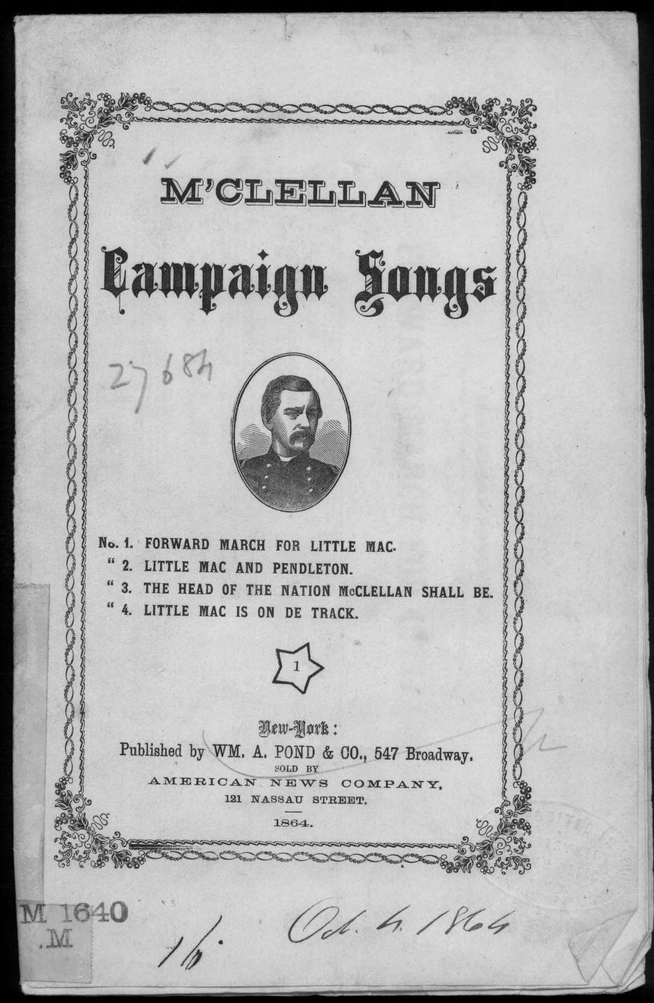 Cover of McClellan Campaign Songs, with portrait and song titles