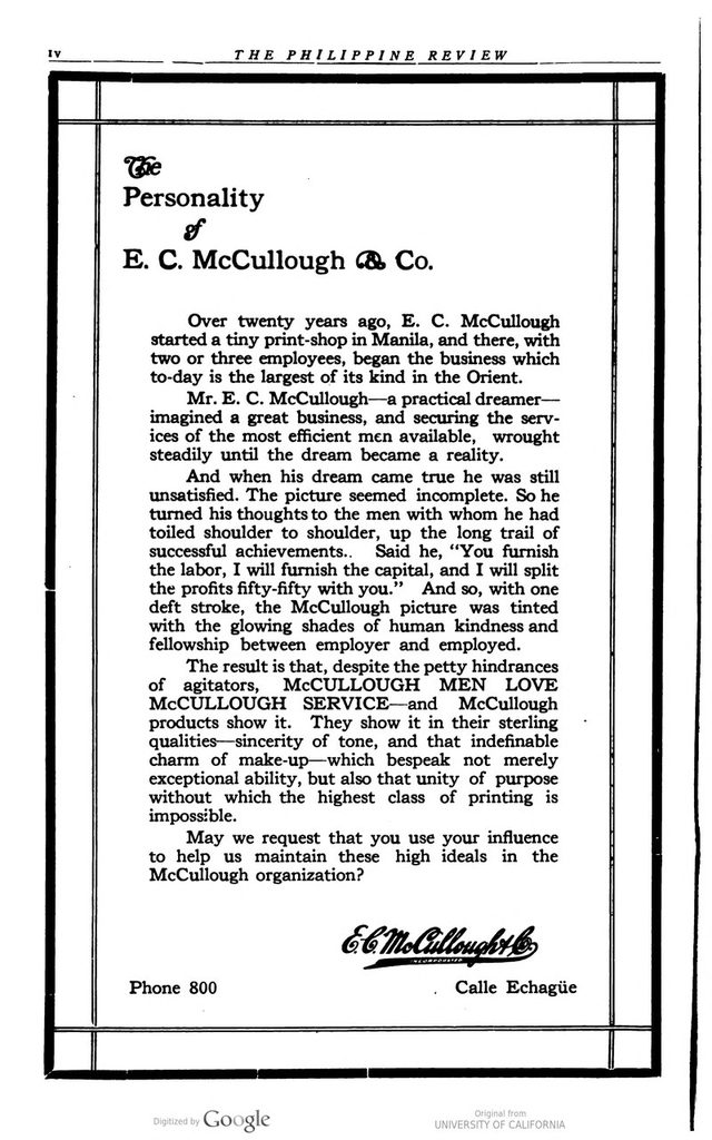 'The Personality of E. C. McCullough & Co.': Manila printer's advertisement, The Philippine Review, 1920