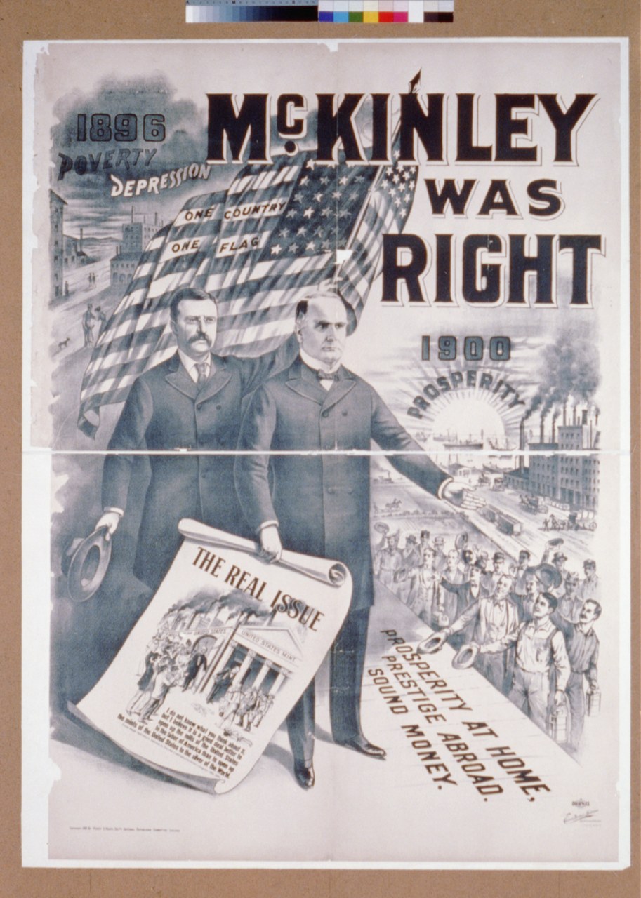 Poster with McKinley and Roosevelt before a flag, headed McKinley Was Right, with 1896 poverty on the left and 1900 prosperity on the right