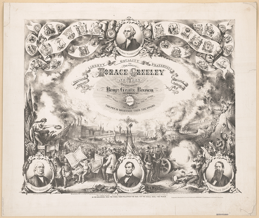 Lithograph banner for Greeley and Brown contrasting a peaceful city scene with battlefield smoke